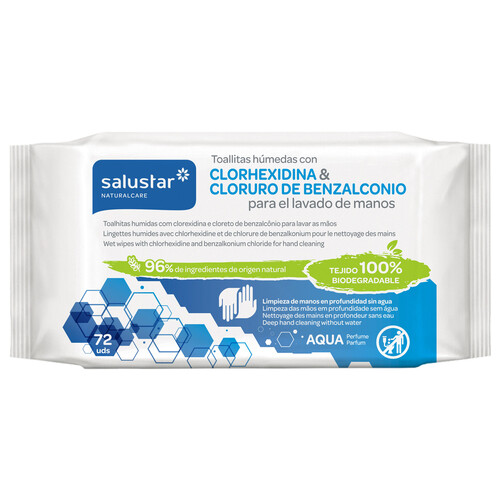 Toallitas higienizantes para el lavado de manos sin agua SALUSTAR 72 uds.