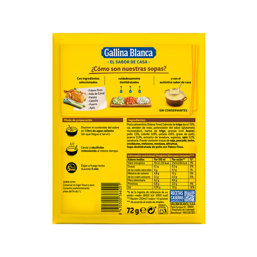 GALLINA BLANCA Sopa de pollo con fideos finos GALLINA BLANCA 71 g.