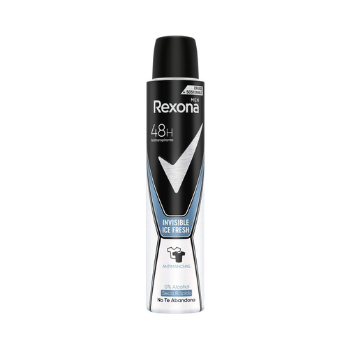 Desodorante en spray para hombre, con protección anti manchas y sin alcohol REXONA Men Invisible ice fresh 200 ml.