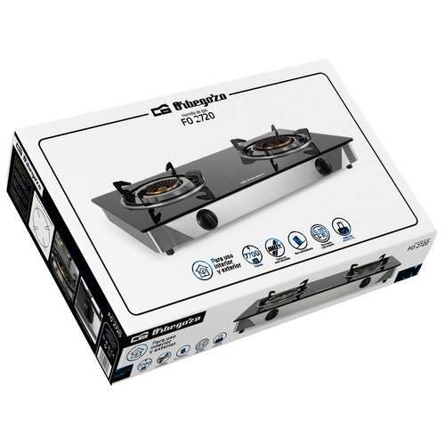 Cocina gas portátil ORBEGOZO Sobremesa FO 2720, 2 quemadores de triple corona.