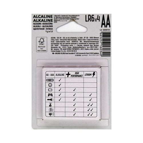 Pack de 4 pilas alcalinas AA, LR06, 1,5V, PRODUCTO ALCAMPO.