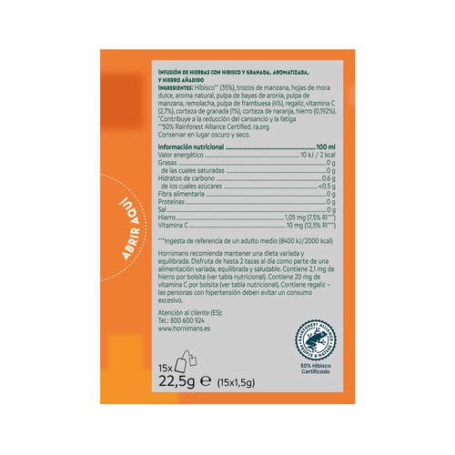 HORNIMANS Infusión bienestar hierro 15 uds. 22,5 g.
