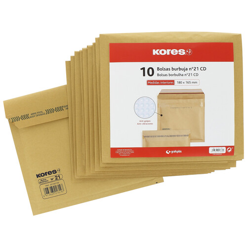 10 sobres de papel Kraft tamaño 180 x 165mm color marrón, con burbujas del número 21 KORES.