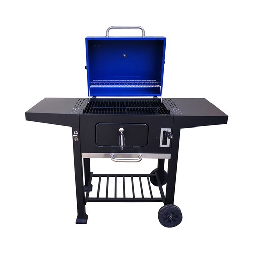 Barbacoa de carbón con ruedas, bandejas y termómetro de color azul, IKUNIK.
