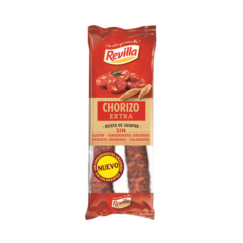 Sarta de chorizo dulce extra, elaborado sin gluten, sin colorantes ni colorantes REVILLA 250 g.