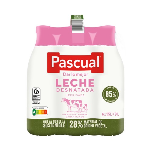 PASCUAL Leche de vaca desnatada, de bienestar animal garantizado  6 x 1.5 l.