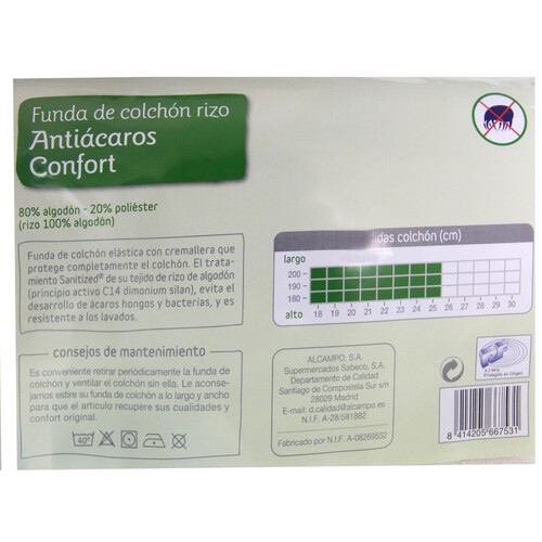 Funda de colchón rizo 80% algodón 20% poliéster, antibacterias, 90 centímetros PRODUCTO ALCAMPO.