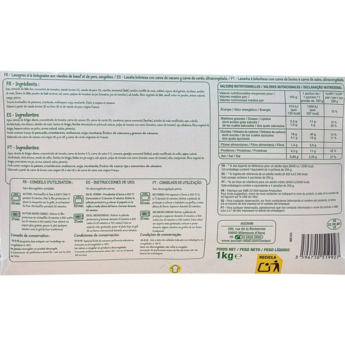 PRODUCTO ECONÓMICO ALCAMPO Lasaña boloñesa 1 kg.