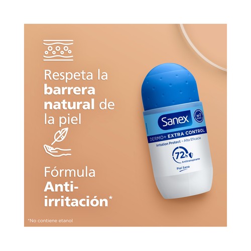SANEX Dermo+ extra control Desodorante roll-on unisex, antitranspirante hasta 72 horas 2 x 50 ml.
