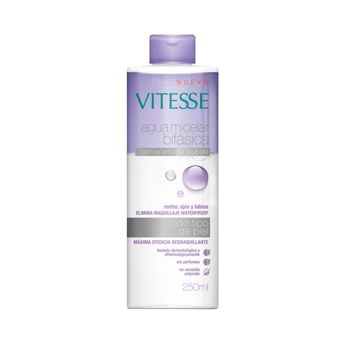 Agua micelar bifásica, sin perfumes y para todo tipo de pieles VITESSE 250 ml.
