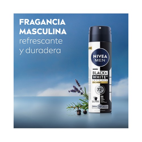 NIVEA Black & white invisible epic night Desodorante en spray para hombre, antitranspirante 72 horas 250 ml.