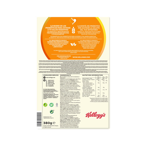 KELLOGG'S Granola de mezclas de cereales con almendras y semillas de calabaza KELLOGG´S PREBIOTIC 380 g.
