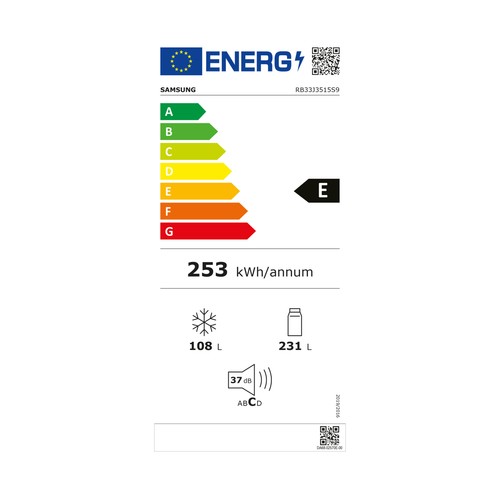 Frigorífico combi 185cm SAMSUNG RB33J3515S9/EF Inox, NO FROST, clasificación energética: E, H: 185cm, A: 59,5cm, F: 73,5cm, capacidad total: 339L.