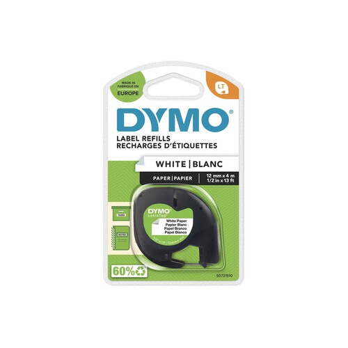Cinta para rotulación, etiquetado e identificación de plástico blanco medidas 4m x 12mm DYMO.