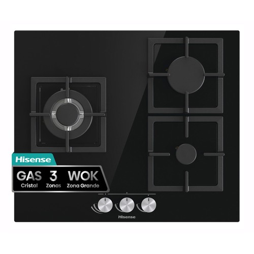 Placa de gas HISENSE GG633B, 3 zonas de cocción, zona grande 26cm, potencia: 7800W, A: 58cm.