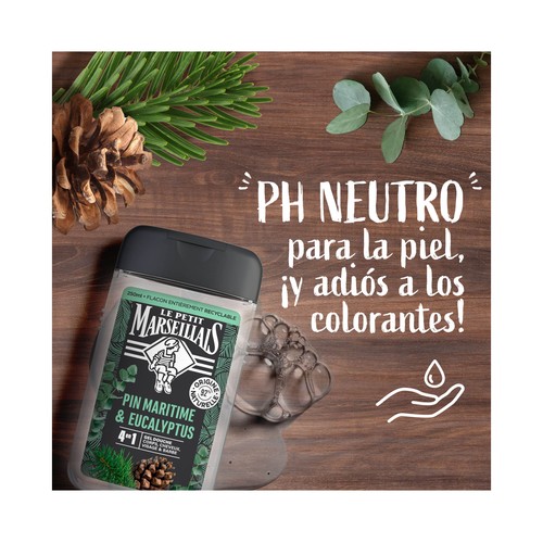 LE PETIT MARSEILIAIS Gel para baño o ducha 4 en 1 (cuerpo, cabello, cara y barba) con pino marino y eucalipto 250 ml.