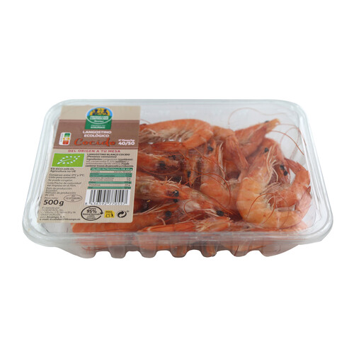 Langostinos cocidos ecológicos 40/50.ALCAMPO PRODUCCIÓN CONTROLADA ECOLÓGICO 500 g.