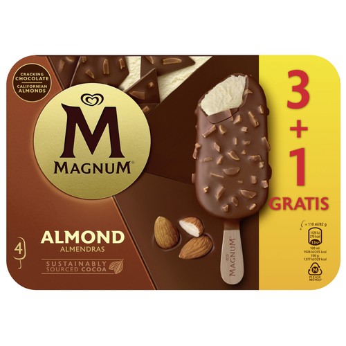 MAGNUM Helado de vainilla recubierto de chocolate con leche y almendras 4 x 110 ml.