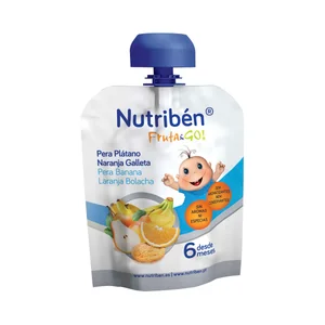 NUTRIBÉN Bolsita de fruta (pera, platano y naranja) con galleta, a partir de 6 meses NUTRIBÉN Fruta & go! 90 g.