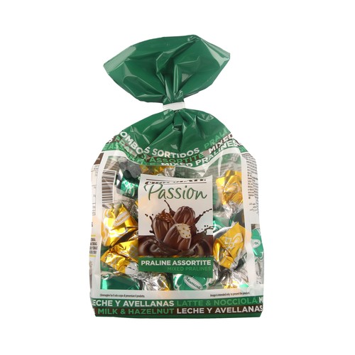 PASSION Surtido de bombones praline chocolate, leche y avellana 400g.