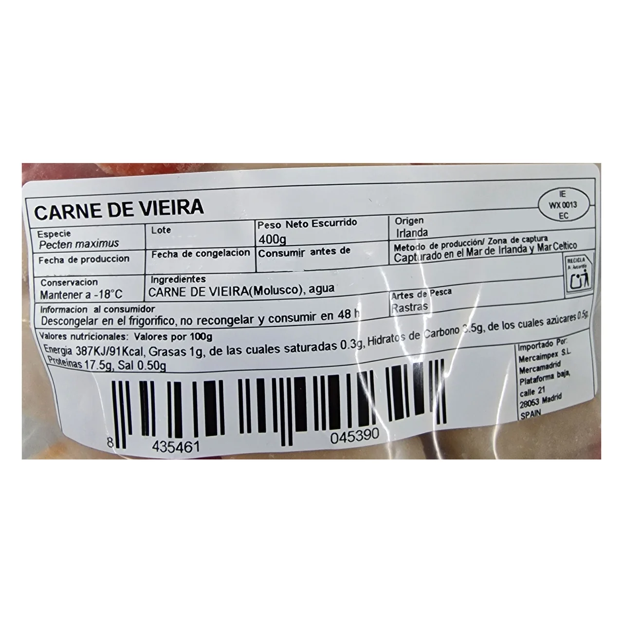 Carne de vieira con coral y glaseo 20% congelado 500 g.