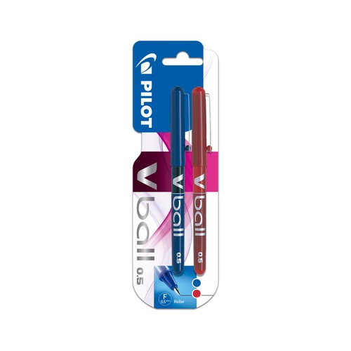 2 bolígrafos tipo roller punta fina y grosor de 0.5mm con tinta líquida azul y roja PILOT V-ball.