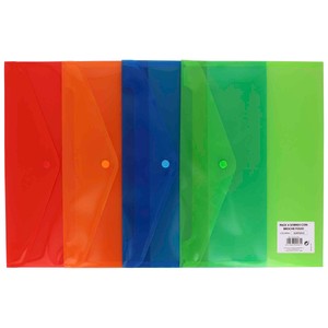 Imagen de 4 sobres de polipropileno de varios colores translucidos, tamaño folio y cierre de broche GRAFOPLAS.