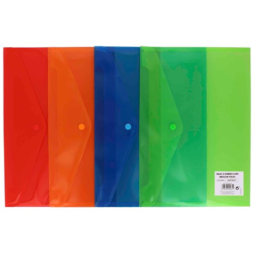 4 sobres de polipropileno de varios colores translucidos, tamaño folio y cierre de broche GRAFOPLAS.