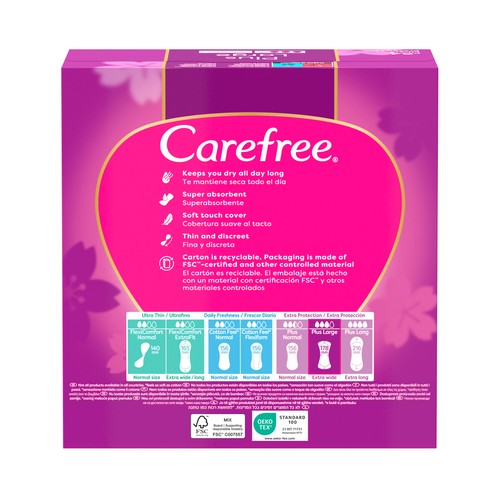 CAREFREE Salvaslips (protegeslips) extra largos, super absorbentes, sin fragancia 64 uds.