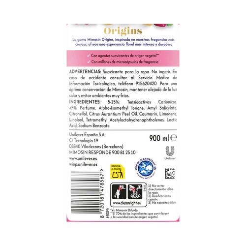 MIMOSIN Origins Suavizante concentrado con aroma a rosas silvestres 50 lavados.