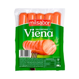 Imagen de MILSABOR Salchichas cocidas mixtas (pavo, pollo y cerdo) con sabor ahumado, tipo Viena 200 g.