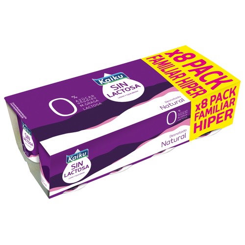 Yogur natural sin lactosa, sin azúcares añadidos y con 0% materia grasa KAIKU 0% 8 x 125 g.