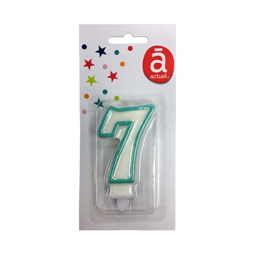 Vela de cumpleaños nº 7 blanca con contorno azul, ACTUEL.