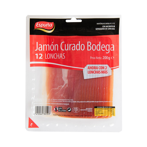 Jamón curado bodega, cortado en lonchas con microfilm separador ESPUÑA 200 g.