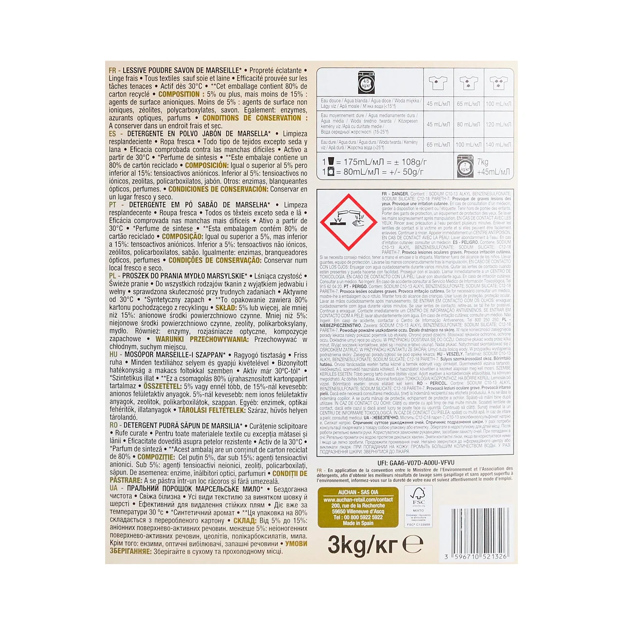 PRODUCTO ALCAMPO Detergente en polvo con jabón de marsella 60 lav 3 kg.