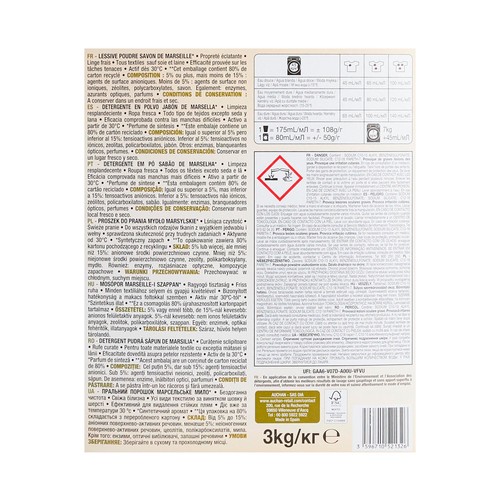 PRODUCTO ALCAMPO Detergente en polvo con jabón de marsella 60 lav 3 kg.