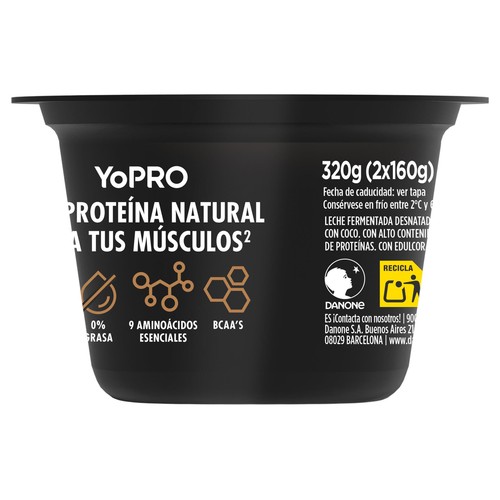 YOPRO Leche fermentada con virutas de chocolate, proteínas y sin azúcares añadidos ni grasa de Danone 2 x 160 g.