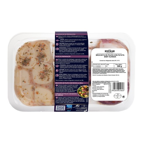 NUCHAR Brochetas de pulpo con patatas baby aliñadas especial Airfyer  listas para consumir 300 g.