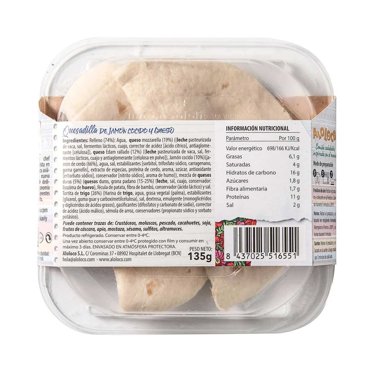 Quesadilla de jamón cocido y queso 135g