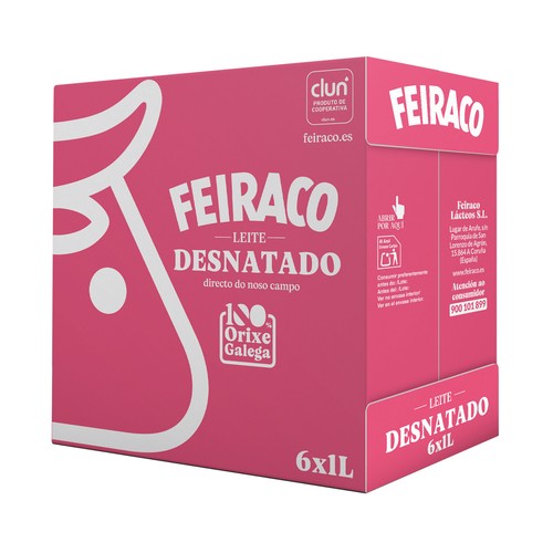 FEIRACO Leche de vaca desnatada y de origen 100% gallega 6 x 1l.