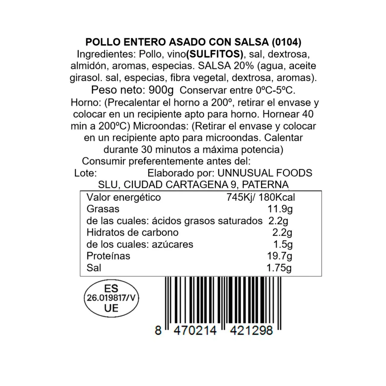 Pollo asado entero 900 g.