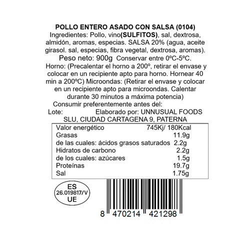 UNUSUAL FOODS Pollo asado entero 900 g.