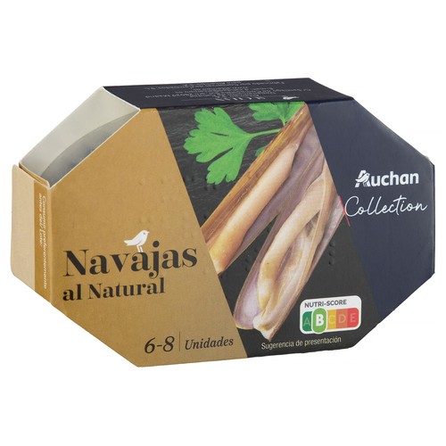 AUCHAN COLLECTION Navajas al natural (6 - 8) de las  Rías Gallegas lata 63 g. Producto alcampo