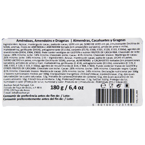 VENDOME Surtido de almendras, cacahuetes y grageas cubiertas de chocolate con leche 180 g.