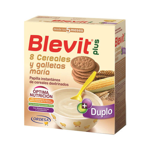 BLEVIT Papilla instantánea de 8 cereales dextrinados y galletas Maria, para bebés a partir de 5 meses BLEVIT Plus duplo 600 g.