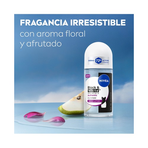 NIVEA Black & white invisible authentic Desodorante roll on para mujer, antitranspirante 72 horas 50 ml.