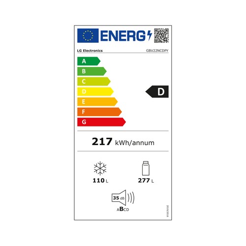 Frigorífico combi 203cm LG GBV22NCDPY Inox Antihuellas NO FROST, clasificación energética: D, H: 203cm, A: 59,5cm, F: 68,2cm, capacidad total: 387L.