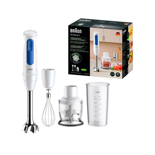 Batidora de mano 700W BRAUN MQ3020WH, tecnología PowerBell Plus, SplashControl, 2 velocidades, color blanco y azul.