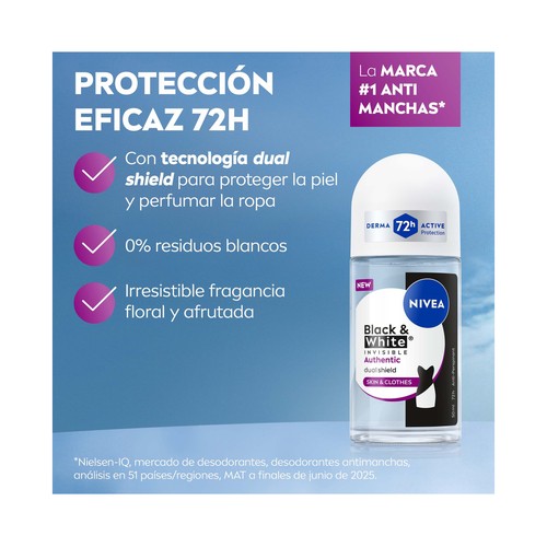 NIVEA Black & white invisible authentic Desodorante roll on para mujer, antitranspirante 72 horas 50 ml.