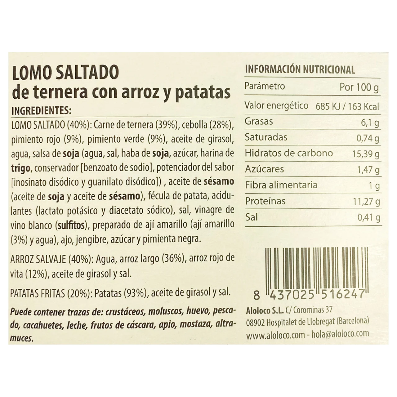 Plato de menú de lomo saltado con arroz y patatas 300 g.